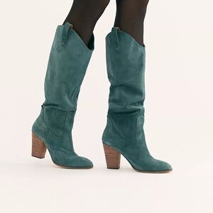 Free People Black Suede Knee-High Block Heel Slouch Boots